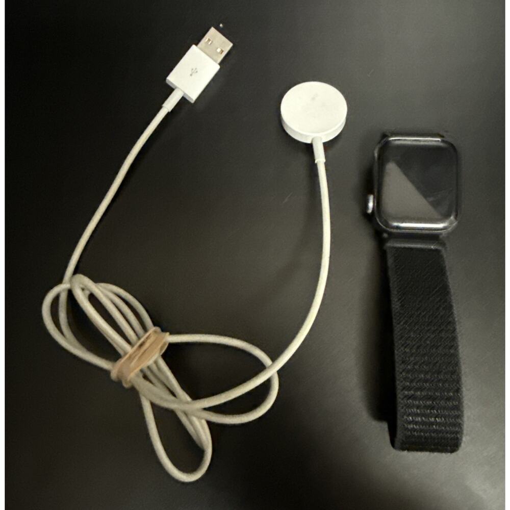 Apple Black Smartwatch with Black Nylon Loop Band and White Charger